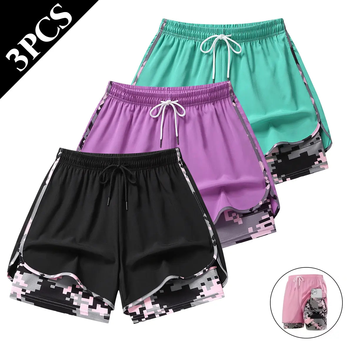 Set of 3 Women's Lightweight Casual Athletic Shorts - Breathable Double-Layer Running Shorts for Yoga and Cycling with Elastic Waistband, Mid-Thigh Length
