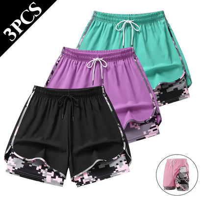 Set of 3 Women's Lightweight Casual Athletic Shorts - Breathable Double-Layer Running Shorts for Yoga and Cycling with Elastic Waistband, Mid-Thigh Length