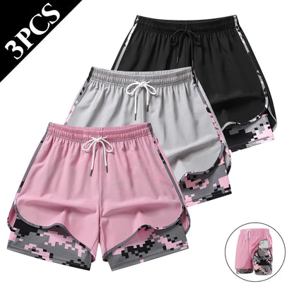 Set of 3 Women's Lightweight Casual Athletic Shorts - Breathable Double-Layer Running Shorts for Yoga and Cycling with Elastic Waistband, Mid-Thigh Length