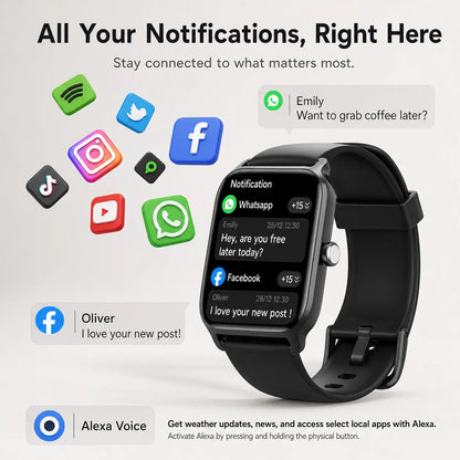 Smartwatch for Men and Women with 2.01" Touch Screen, Message Notifications, Step Counter, Alarm, Timer, Music Control, Comfortable Strap, Compatible with iOS and Android Smartphones