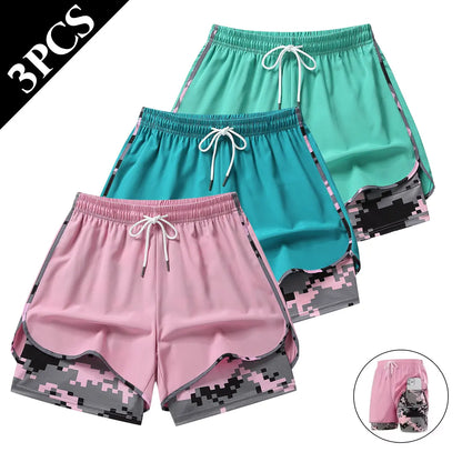 Set of 3 Women's Lightweight Casual Athletic Shorts - Breathable Double-Layer Running Shorts for Yoga and Cycling with Elastic Waistband, Mid-Thigh Length