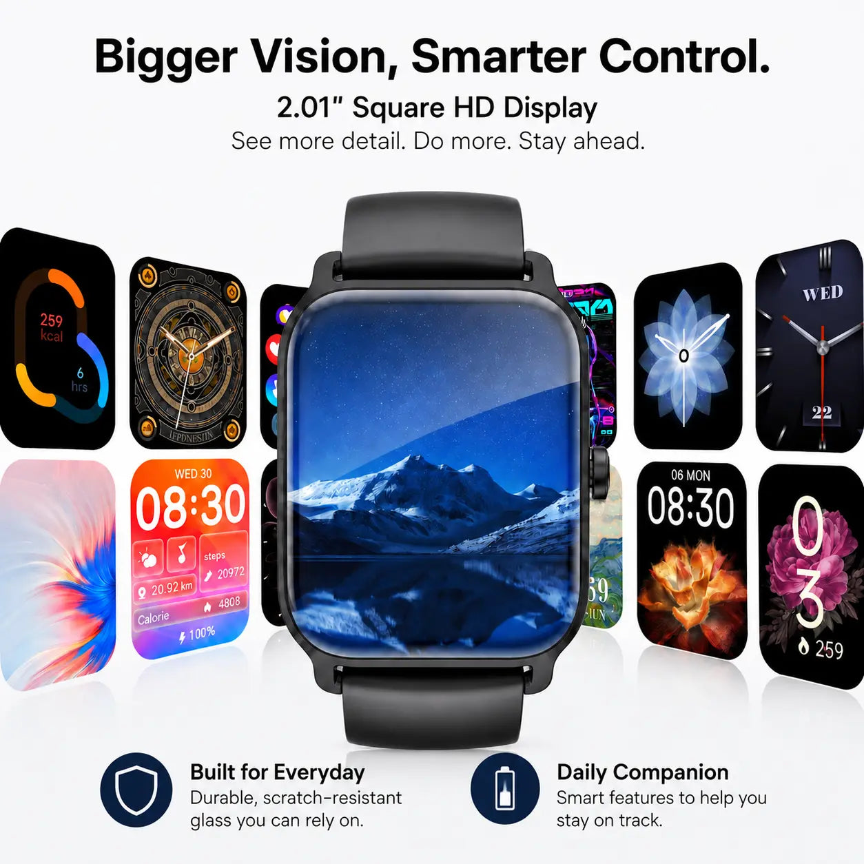 Smartwatch for Men and Women with 2.01" Touch Screen, Message Notifications, Step Counter, Alarm, Timer, Music Control, Comfortable Strap, Compatible with iOS and Android Smartphones