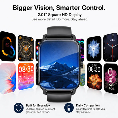 Smartwatch for Men and Women with 2.01" Touch Screen, Message Notifications, Step Counter, Alarm, Timer, Music Control, Comfortable Strap, Compatible with iOS and Android Smartphones