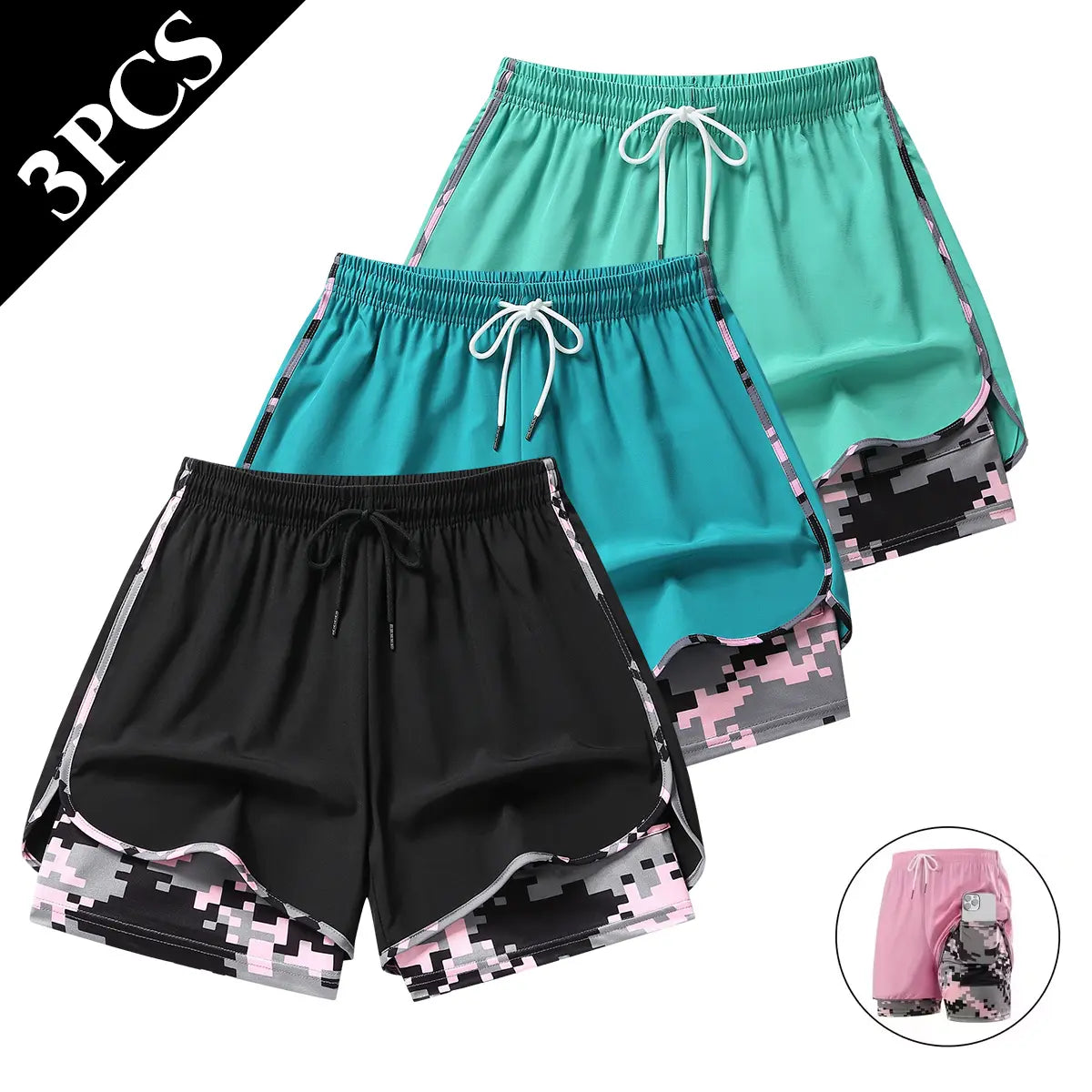 Set of 3 Women's Lightweight Casual Athletic Shorts - Breathable Double-Layer Running Shorts for Yoga and Cycling with Elastic Waistband, Mid-Thigh Length