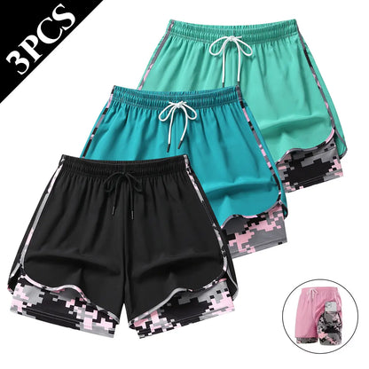 Set of 3 Women's Lightweight Casual Athletic Shorts - Breathable Double-Layer Running Shorts for Yoga and Cycling with Elastic Waistband, Mid-Thigh Length
