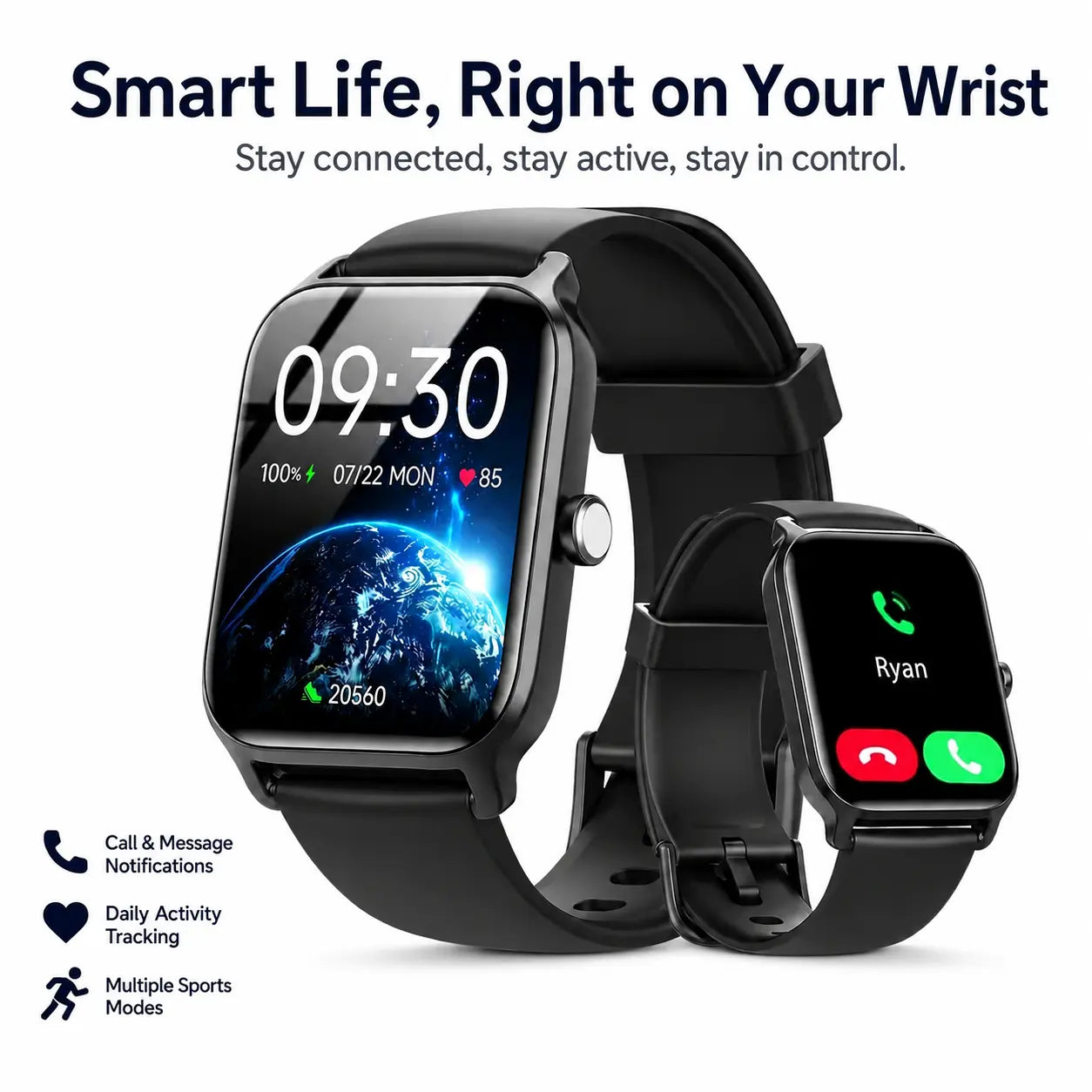 Smartwatch for Men and Women with 2.01" Touch Screen, Message Notifications, Step Counter, Alarm, Timer, Music Control, Comfortable Strap, Compatible with iOS and Android Smartphones