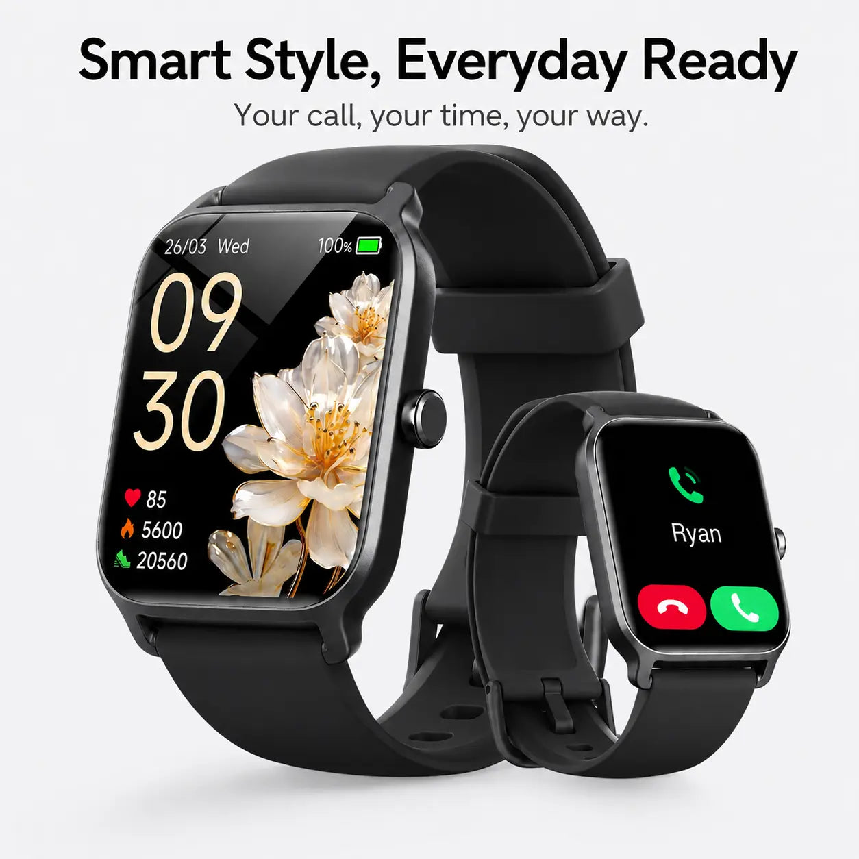 Smartwatch for Men and Women with 2.01" Touch Screen, Message Notifications, Step Counter, Alarm, Timer, Music Control, Comfortable Strap, Compatible with iOS and Android Smartphones