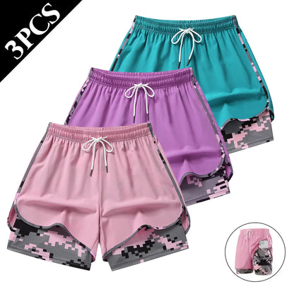 Set of 3 Women's Lightweight Casual Athletic Shorts - Breathable Double-Layer Running Shorts for Yoga and Cycling with Elastic Waistband, Mid-Thigh Length