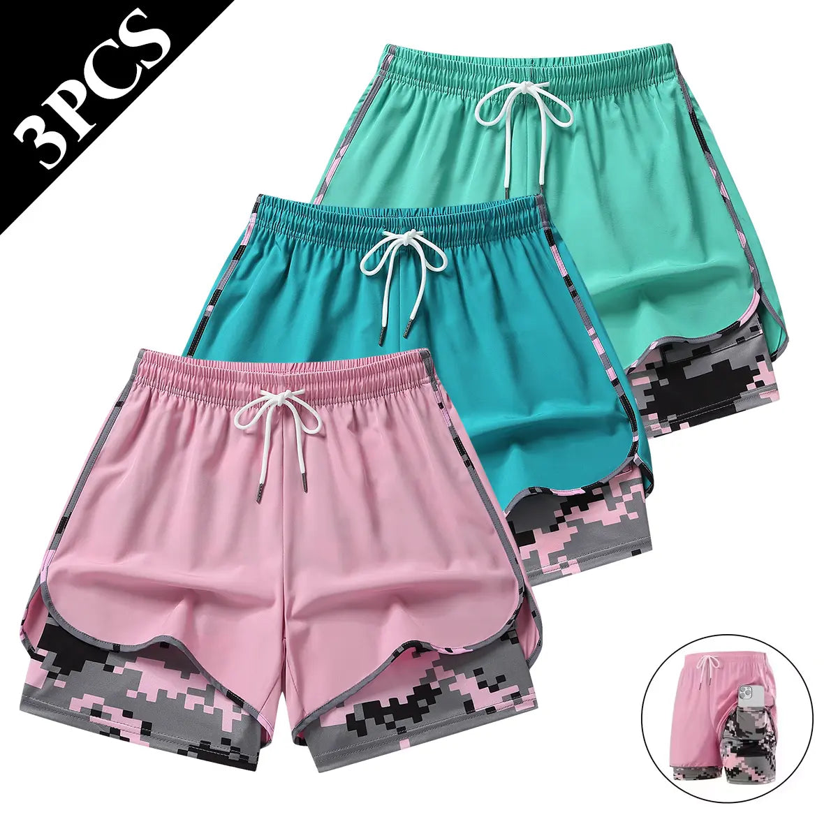 Set of 3 Women's Lightweight Casual Athletic Shorts - Breathable Double-Layer Running Shorts for Yoga and Cycling with Elastic Waistband, Mid-Thigh Length