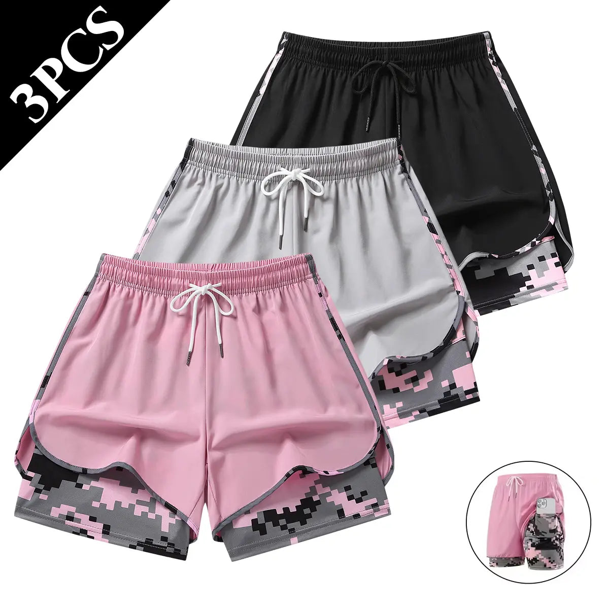 Set of 3 Women's Lightweight Casual Athletic Shorts - Breathable Double-Layer Running Shorts for Yoga and Cycling with Elastic Waistband, Mid-Thigh Length
