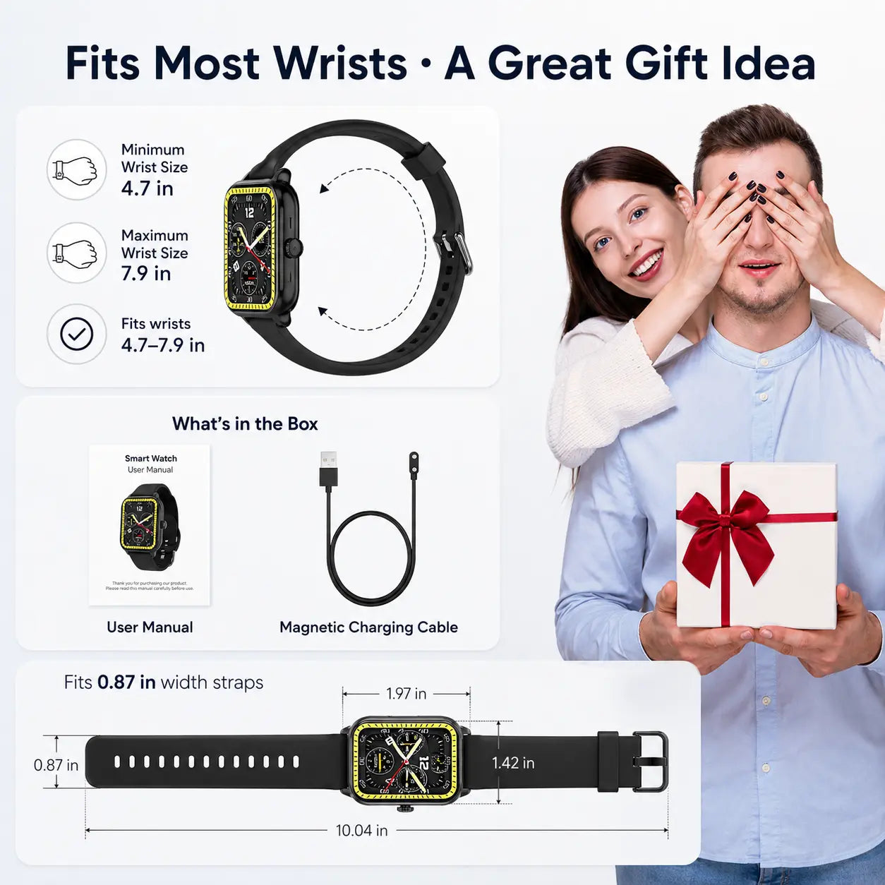 Smartwatch for Men and Women with 2.01" Touch Screen, Message Notifications, Step Counter, Alarm, Timer, Music Control, Comfortable Strap, Compatible with iOS and Android Smartphones