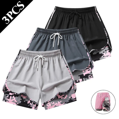 Set of 3 Women's Lightweight Casual Athletic Shorts - Breathable Double-Layer Running Shorts for Yoga and Cycling with Elastic Waistband, Mid-Thigh Length